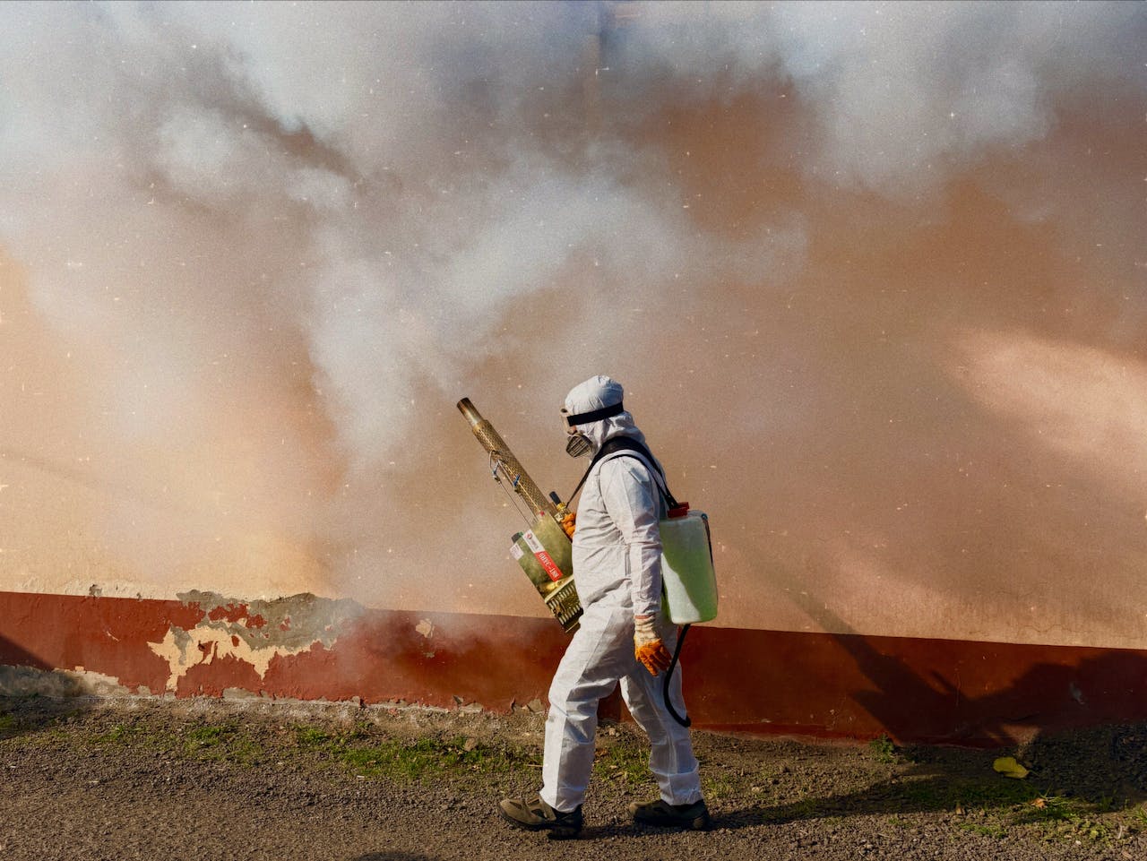 Home A worker in a full protective suit fumigates an area outdoors, spraying pesticide.