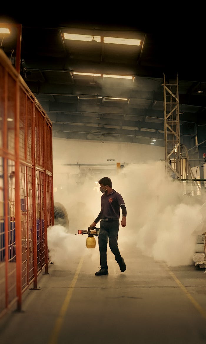 Home Worker fumigating inside a warehouse using a fogging machine for pest control.